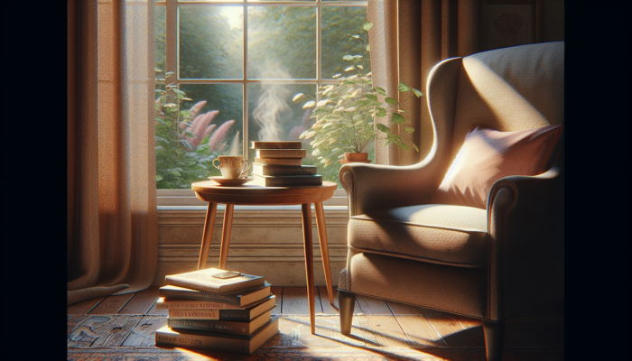 Roman d'amour en B dans un coin lecture chaleureux avec tasse de café, livres romantiques et vue sur jardin.