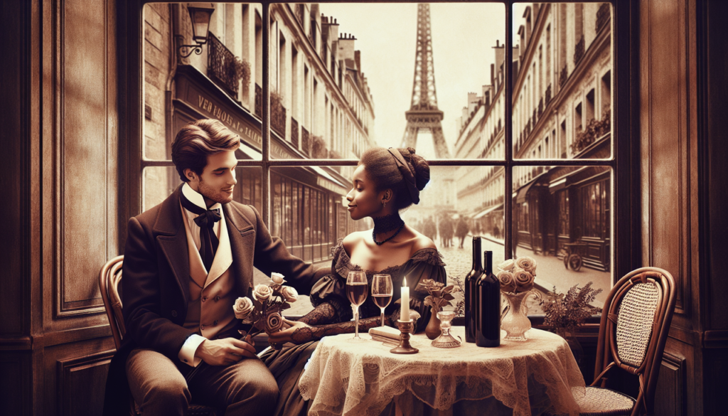 Photo romantique d'un couple élégant dans un café parisien du 19ème siècle, avec Eiffel Tower en arrière-plan.