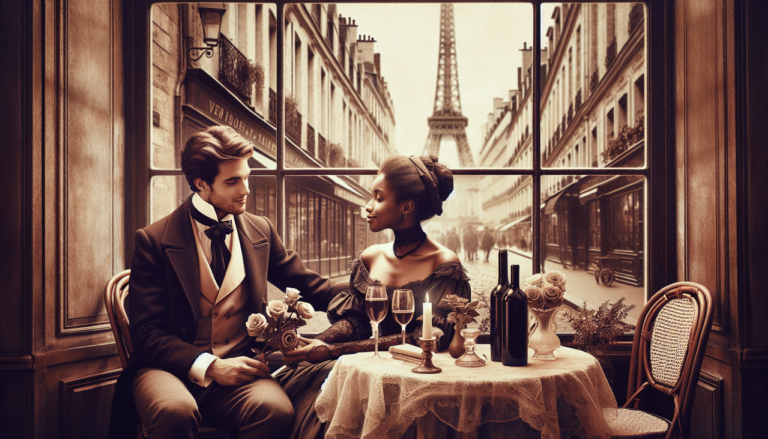 Photo romantique d'un couple élégant dans un café parisien du 19ème siècle, avec Eiffel Tower en arrière-plan.