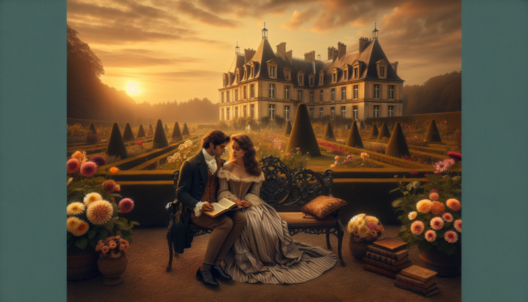 Crée une image avec un couple romantique devant un château, entouré de fleurs, au coucher de soleil.