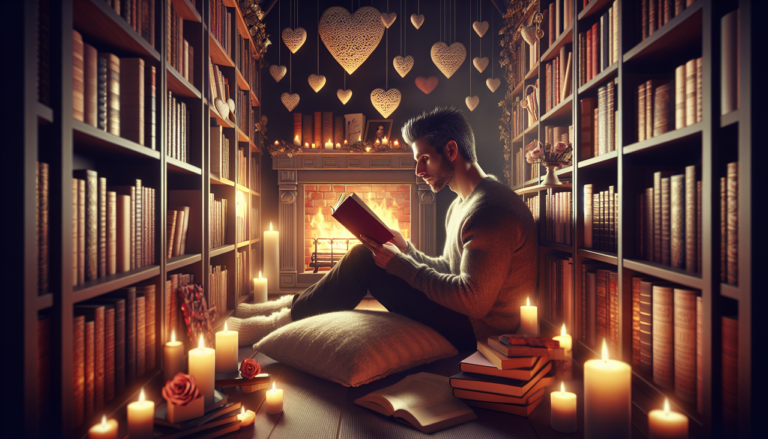 Affectionate reading nook with figure engrossed in French romance novel "F" titles.