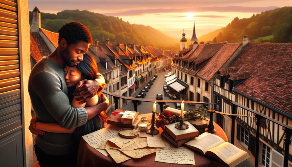 Roman d'amour en G, balcons de village français au coucher de soleil.