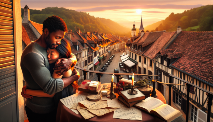 Roman d'amour en G, balcons de village français au coucher de soleil.