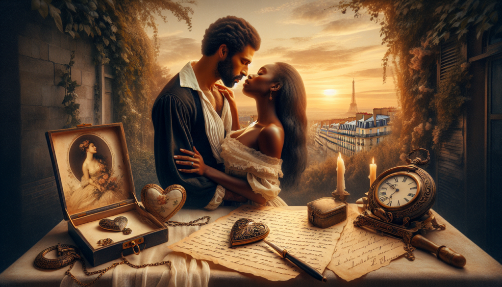 Illustration d'un roman d'amour en H, mettant en scène un couple avec un médaillon en forme de cœur, une lettre d'amour et un coucher de soleil.