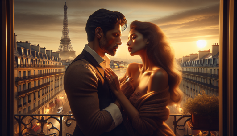 Illustration de scène romantique sur un balcon avec vue sur la Tour Eiffel au coucher du soleil.