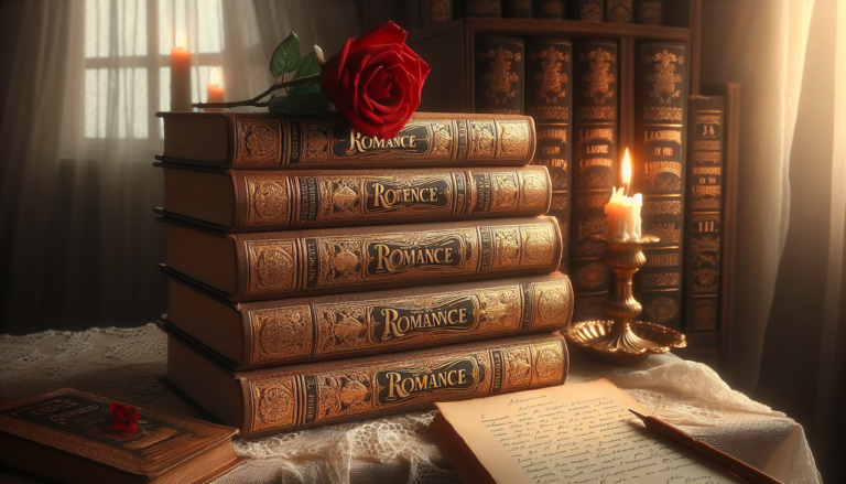 Illustration vintage de livres d'amour, titres commençant par J, sur nappe en dentelle avec bougie, rose rouge, lettre d'amour.