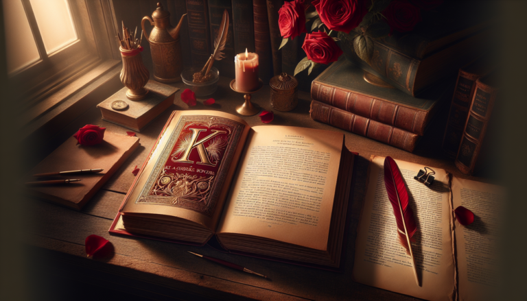 Roman d'amour en K sur table en bois avec livre ouvert, roses rouges, plume et bougie allumée.