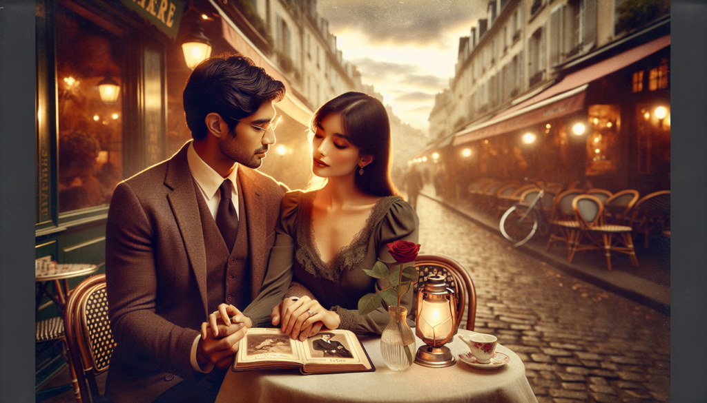 Crée une photo vintage d'un couple romantique avec un roman d'amour commençant par M.