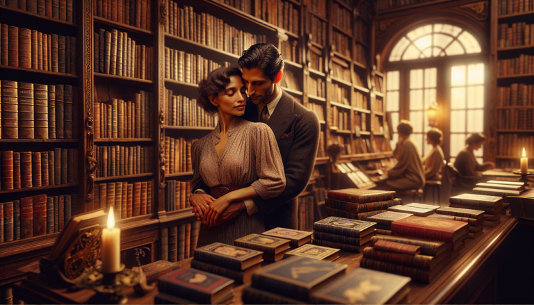 Lovers embracing in vintage bookstore among French romance novels with "O" titles.