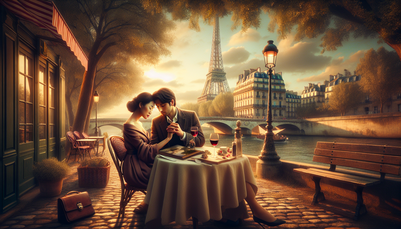 Couple amoureux à Paris, ambiance romantique en fin d'après-midi avec vue sur la Seine et la Tour Eiffel.