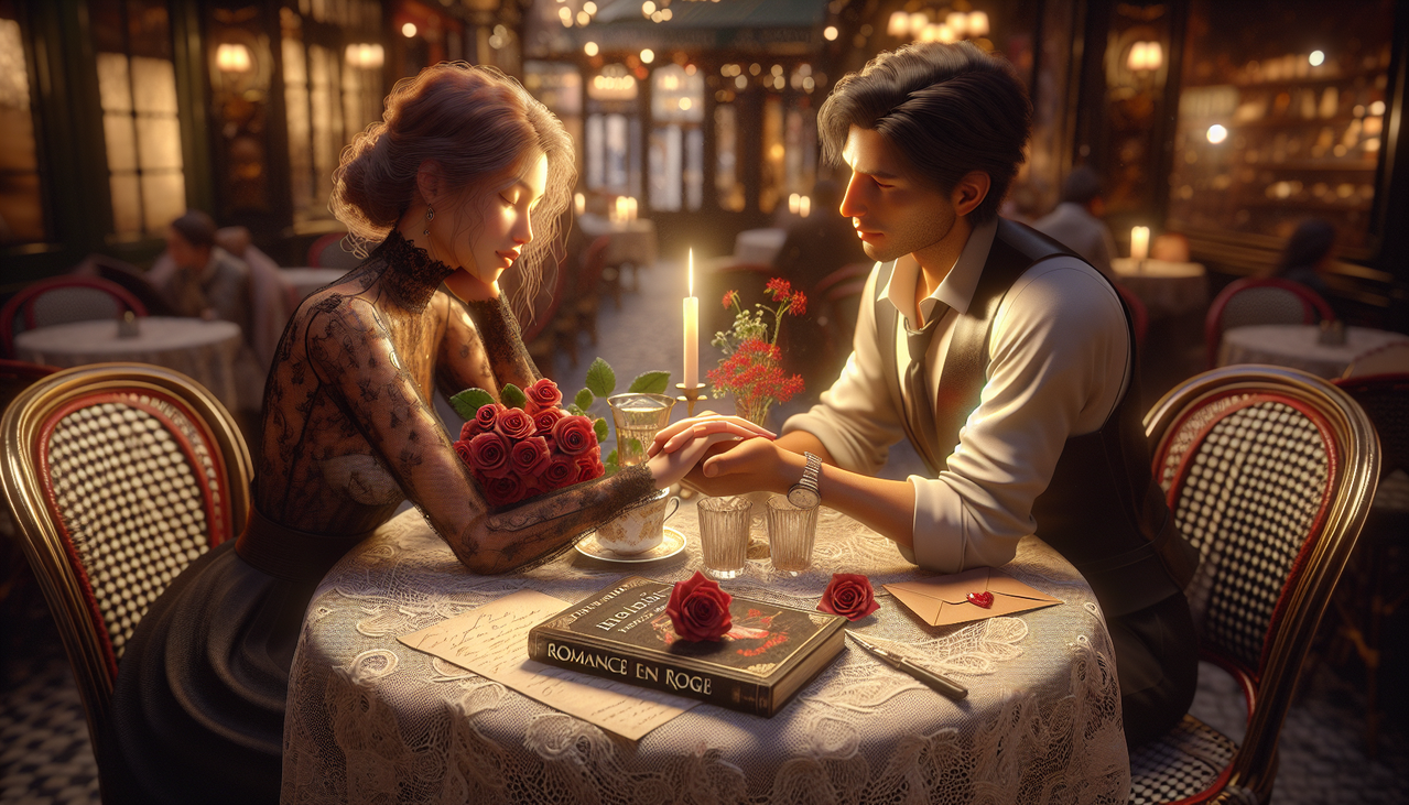 Peinture numérique détaillée d'un couple se tenant les mains tendrement sur une table en dentelle avec une lettre d'amour et un roman français intitulé "Romance en Rouge".
