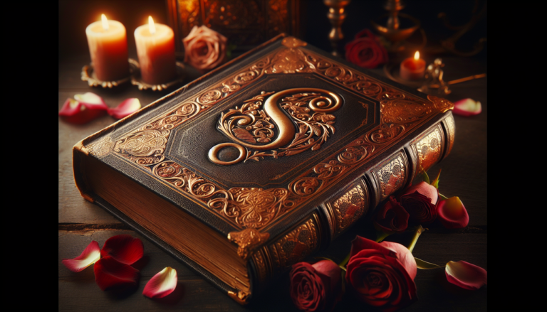 Roman d'amour en S avec rose et bougie sur table bois sombre_alt_Text.