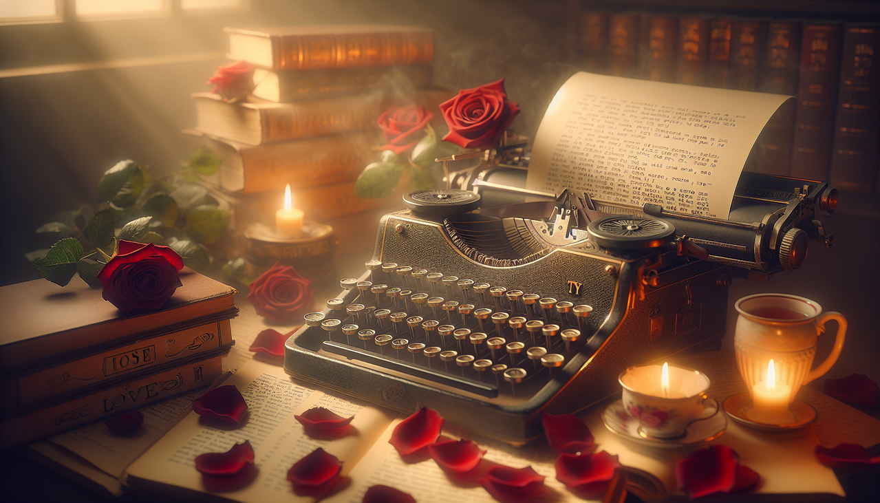 Image d'un roman d'amour avec une vieille machine à écrire, des pétales de roses et des livres - "T" en cursive, ambiance chaleureuse.