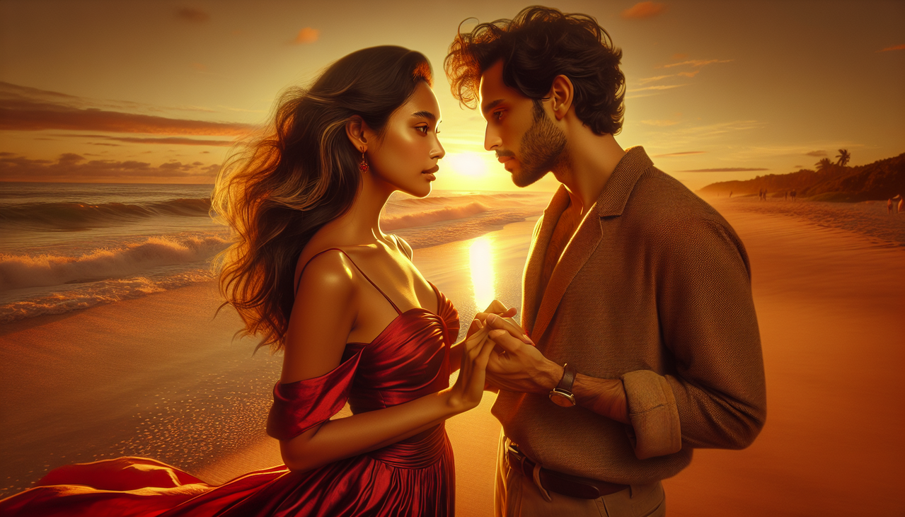 Roman d'amour en U, couple romantique sur la plage au coucher du soleil, lettres U discrètement intégrées.
