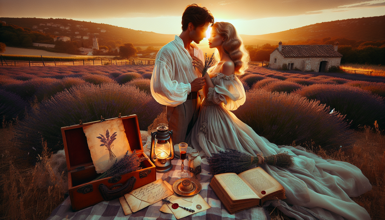 Illustration d'un couple romantique dans un champ de lavande, évoquant un roman d'amour en 'V'.