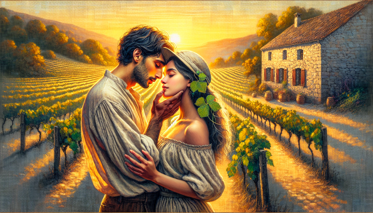 Roman d'amour en W illustré par un couple tendre dans un vignoble français au coucher du soleil.