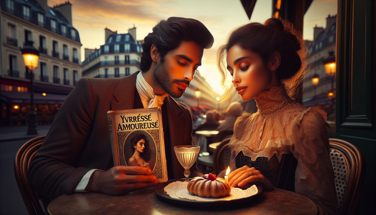 Scène romantique dans un café français : couple s'échangeant un regard doux par-dessus "Yvresse amoureuse".