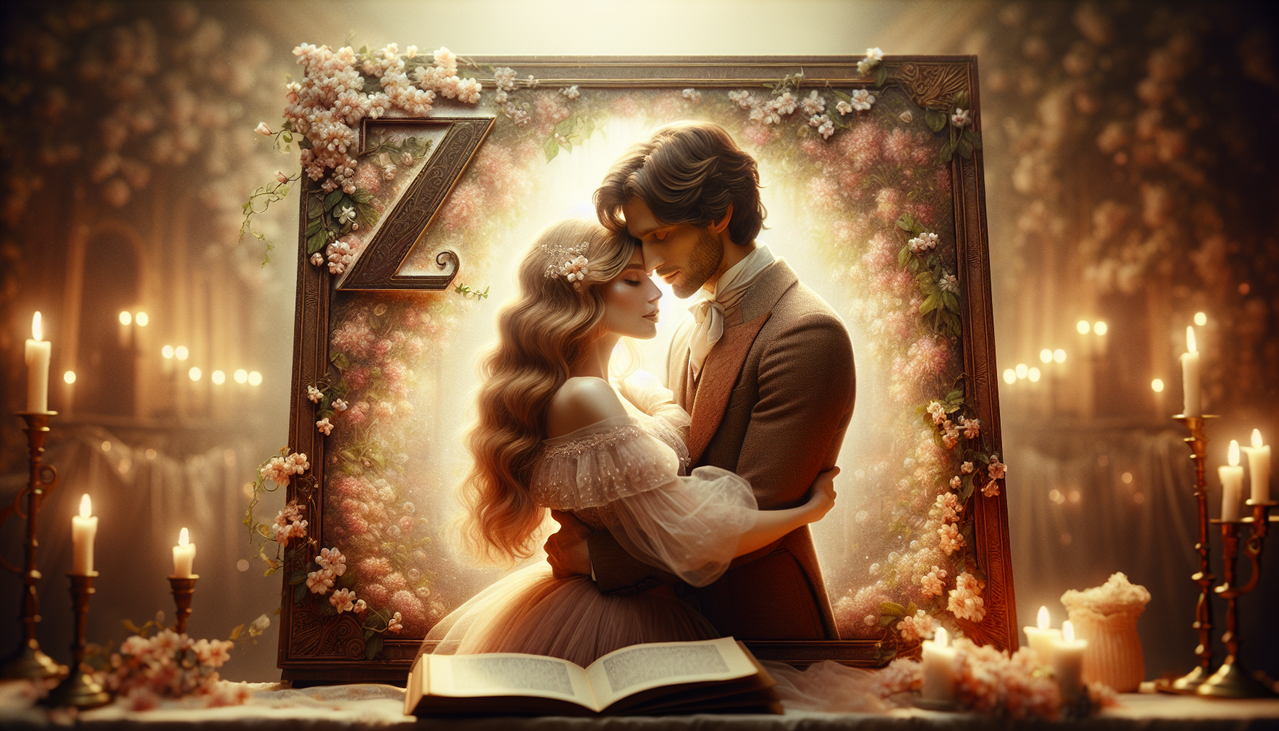 Illustration d'un couple s'embrassant avec tendresse sur fond romantique, accentué par la lettre Z intégrée de manière artistique.