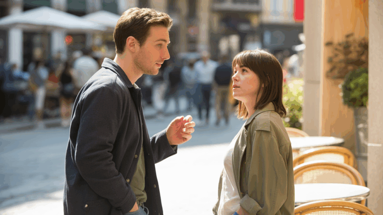 Scène réelle montrant un homme au comportement ambigu discutant avec une femme dans une rue ensoleillée, tous deux affichant des expressions subtiles et naturelles.