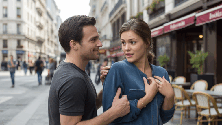 Scène réaliste d’un homme taquinant une femme devant un café, exprimant une tension légère et des émotions ambiguës.