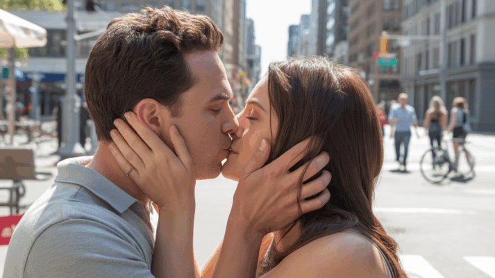 Un homme embrassant une femme avec tendresse dans une scène urbaine naturelle et réaliste.