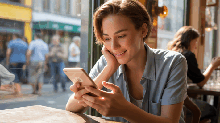 Personne souriant discrètement en lisant des messages sur son téléphone dans un café réel et chaleureux.