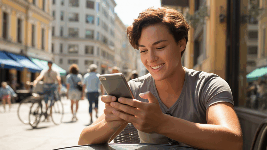 Jeune adulte souriant en envoyant un message sur son smartphone à la terrasse d’un café en ville, scène réaliste et naturelle.