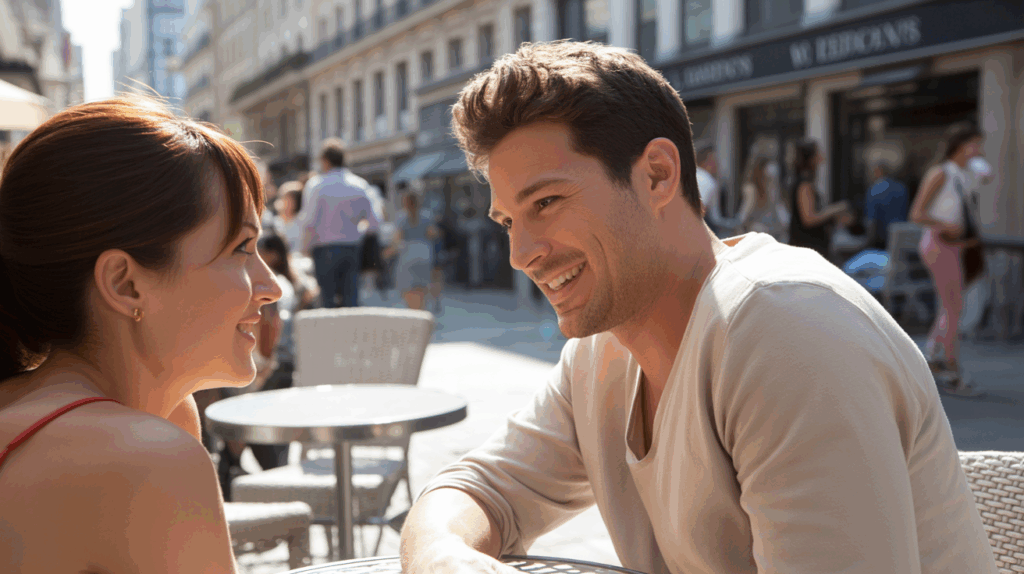 Scène réaliste d’un homme flirtant subtilement avec une femme en terrasse de café, ambiance naturelle et authentique.