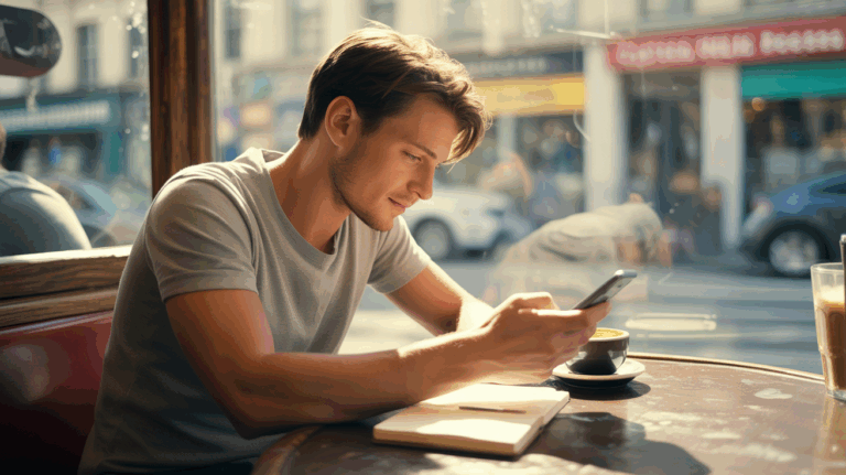 Jeune homme assis dans un café en train d’écrire un message amoureux sur son téléphone avec une expression tendre et concentrée.
