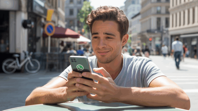 Homme assis à une terrasse de café en ville tapant un message WhatsApp avec un sourire discret dans une scène réaliste et naturelle.