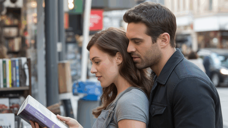 Un homme observe discrètement une femme qu’il aime en secret dans une scène urbaine réaliste et naturelle.
