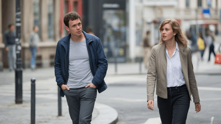 Un homme troublé observe discrètement une femme qui passe, dans une rue réaliste et naturelle aux détails authentiques.