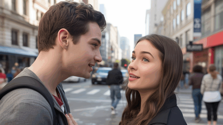 Scène réaliste d’un homme semblant flirter subtilement avec une femme dans une rue animée, avec expressions naturelles et décor urbain authentique.