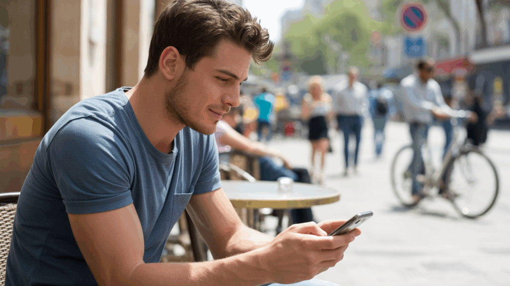 Jeune homme assis en terrasse au soleil écrivant un SMS avec un air concentré dans une scène urbaine réaliste et naturelle.