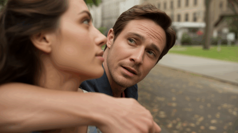 Scène réaliste dans un parc où un homme regarde une femme avec tendresse, exprimant un amour discret et authentique.