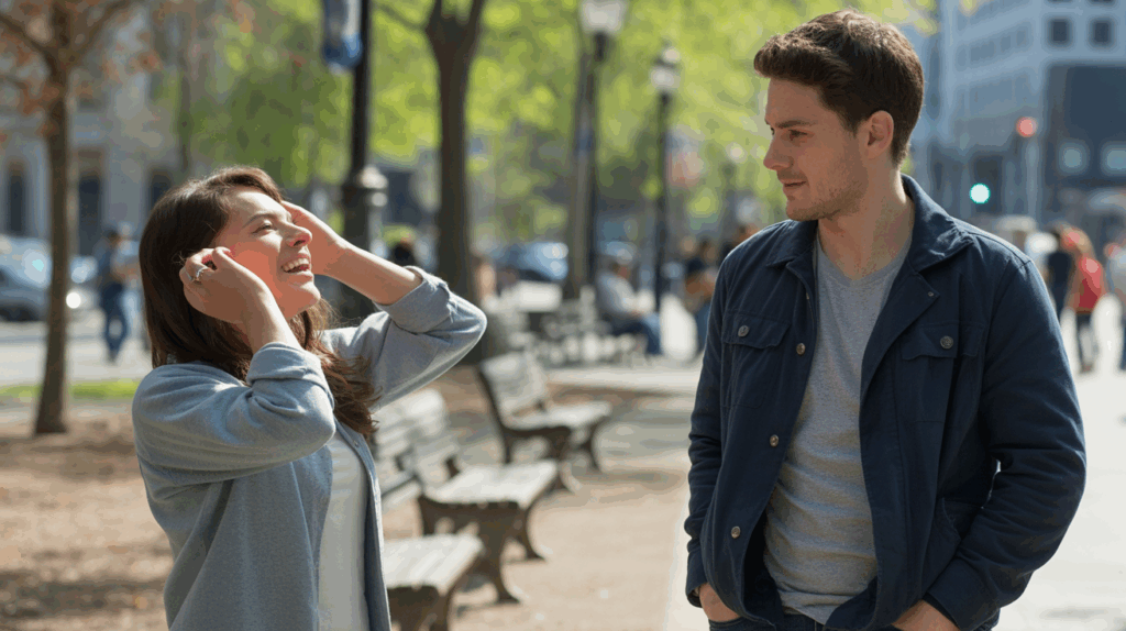 Homme observant discrètement la femme qu’il aime dans un parc urbain, scène naturelle et réaliste.