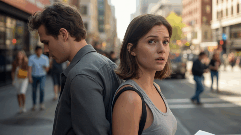 Scène urbaine réaliste montrant une femme pensive tandis qu’un homme se détourne, symbolisant une relation en yo-yo.