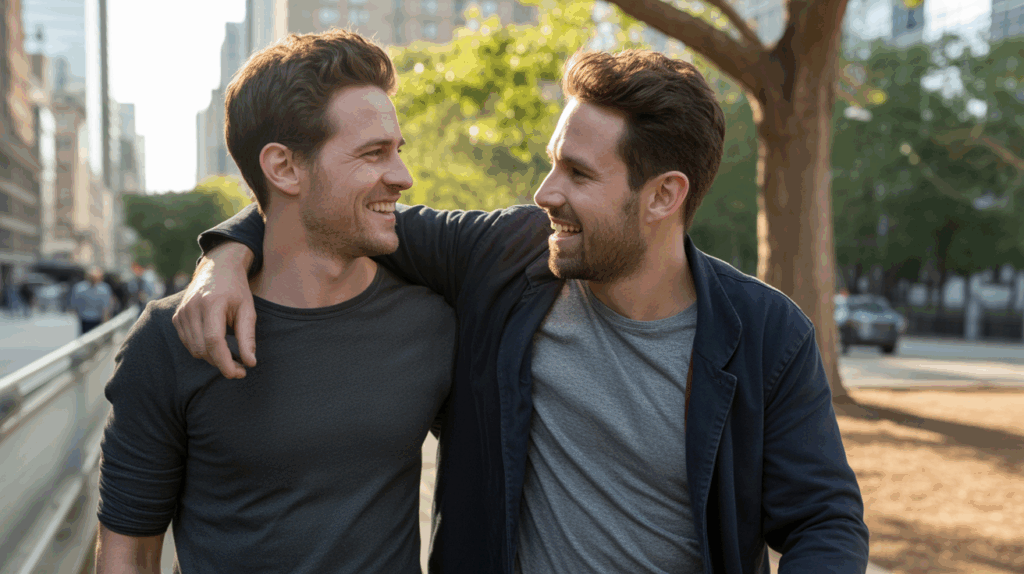 Deux hommes marchent ensemble dans un parc urbain au coucher du soleil, partageant un moment complice et naturel.