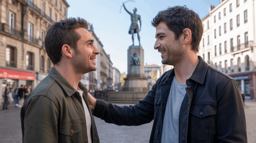 Deux hommes discutant naturellement sur la place de Jaude à Clermont-Ferrand, avec un décor urbain réaliste et lumineux.