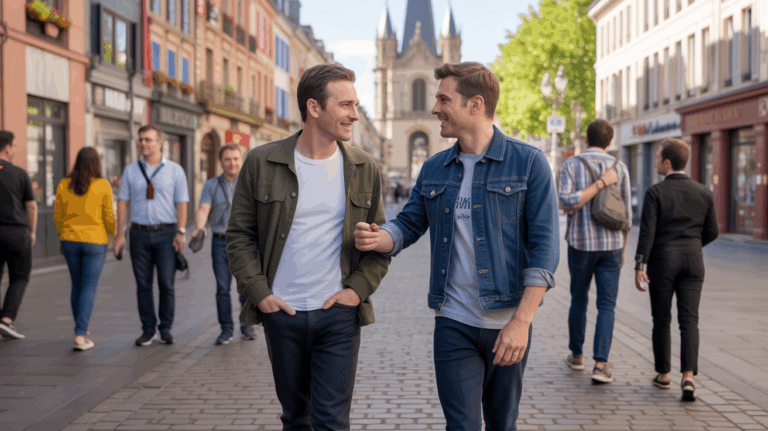 Scène réaliste à Mulhouse montrant deux hommes discutant près d’un lieu emblématique, dans une ambiance chaleureuse et authentique.