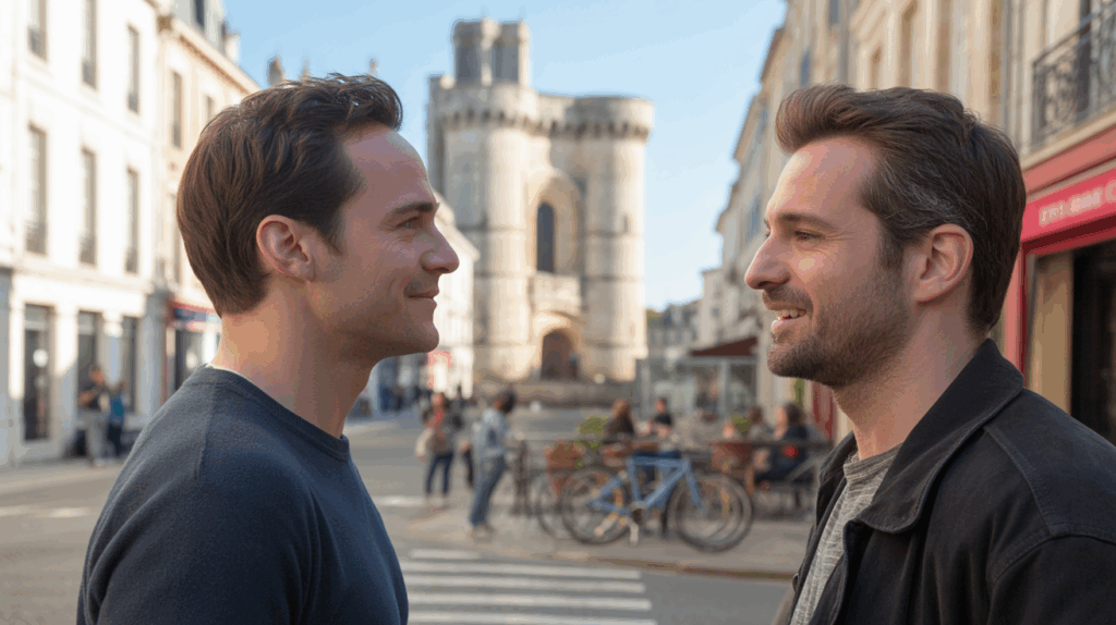 Scène réaliste à Niort montrant deux hommes discutant près du Donjon dans une ambiance naturelle au coucher du soleil.