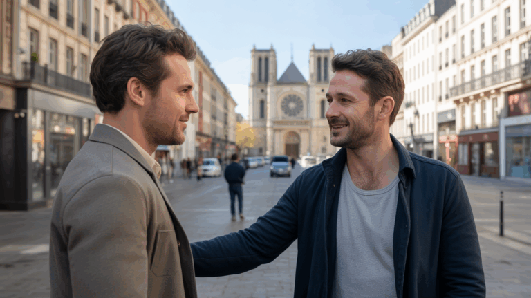 Scène réaliste à Saint-Étienne montrant deux hommes se rencontrant près de la cathédrale dans une atmosphère naturelle et vivante.