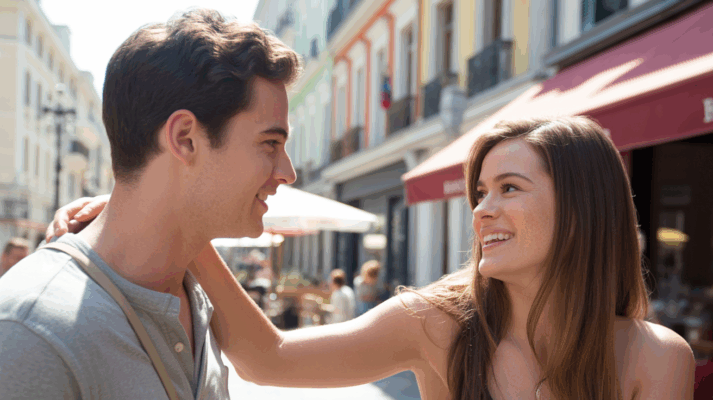 Scène réaliste d’un jeune homme abordant une femme avec un sourire, dans une rue européenne animée près d’un café, ambiance naturelle et chaleureuse.