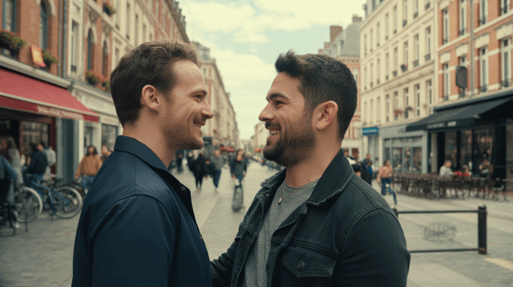 Deux hommes se rencontrant chaleureusement dans une rue de Valenciennes, avec l’architecture authentique du Nord en arrière-plan et une ambiance urbaine naturelle.