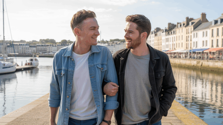 Deux hommes marchent ensemble au port de Vannes au coucher du soleil, ambiance naturelle et chaleureuse dans un décor breton authentique.