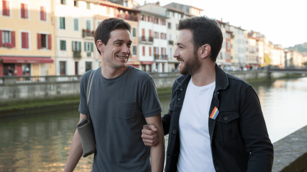 Deux hommes marchant au bord de la Nive à Bayonne près des maisons basques traditionnelles, avec une ambiance chaleureuse et un détail discret évoquant la communauté LGBT.