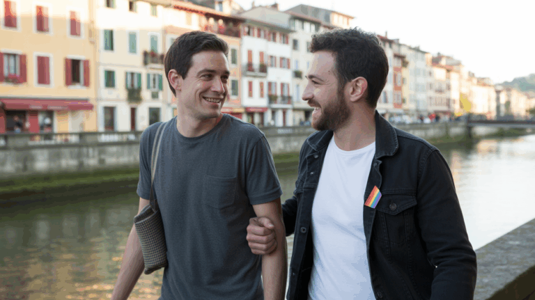 Deux hommes marchant au bord de la Nive à Bayonne près des maisons basques traditionnelles, avec une ambiance chaleureuse et un détail discret évoquant la communauté LGBT.