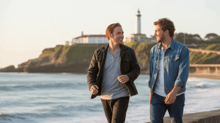 Deux hommes marchant naturellement sur la côte de Biarritz au coucher du soleil, ambiance chaleureuse et réaliste.