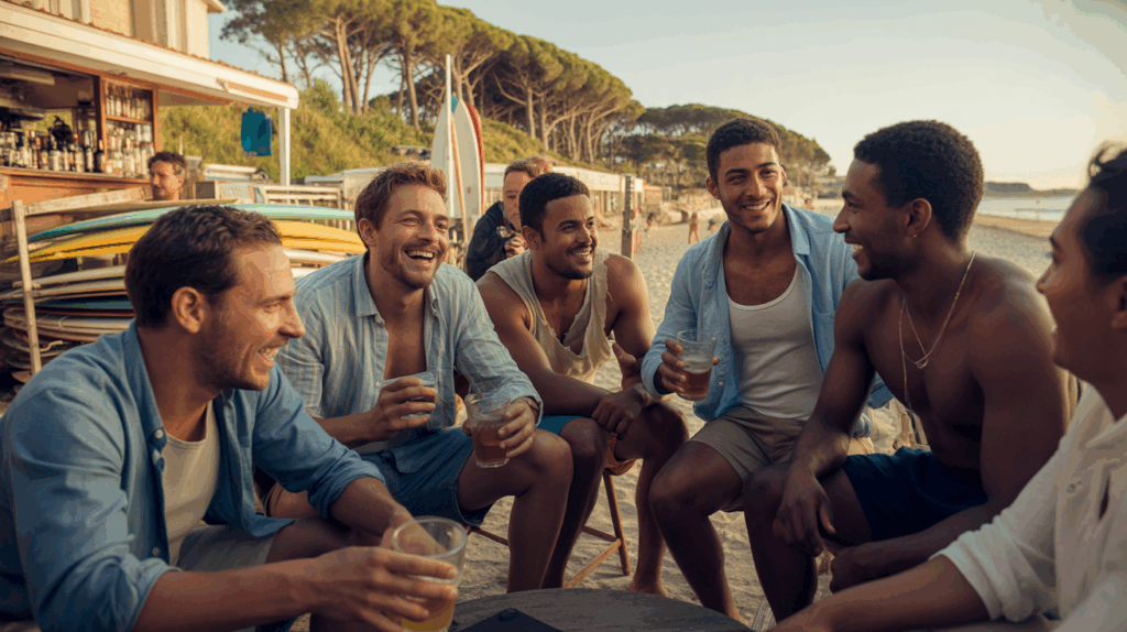 Scène réaliste d’un bar en bord de plage dans les Landes au coucher du soleil avec des hommes discutant dans une ambiance conviviale.