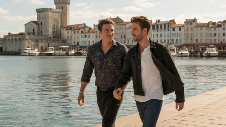 Scène réaliste de deux hommes marchant côte à côte au Vieux-Port de La Rochelle au coucher du soleil, dans une ambiance naturelle et accueillante.